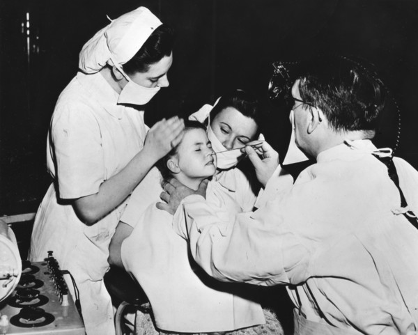 Radium treatment to cure a nasal infection, France, c1947-1951. Artist: Unknown