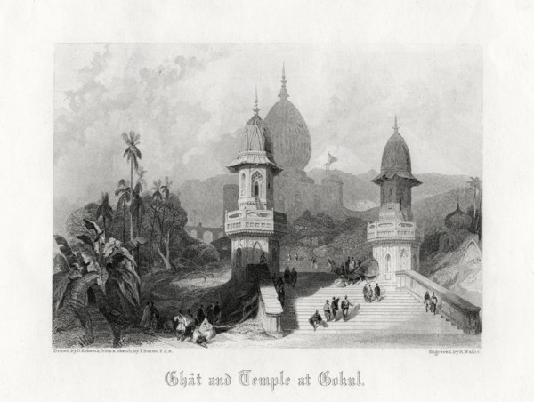 'Ghat and Temple at Gokul', India, c1838.Artist: R Wallis