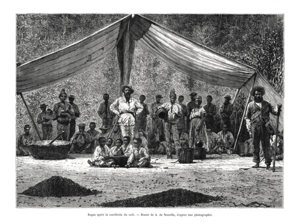 A meal after the gathering of coffee, Brazil, 19th century. Artist: A de Neuville