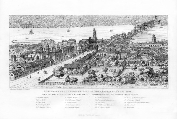 'Southwark and London Bridge as they appeared about 1546', c1860.Artist: N Whittock