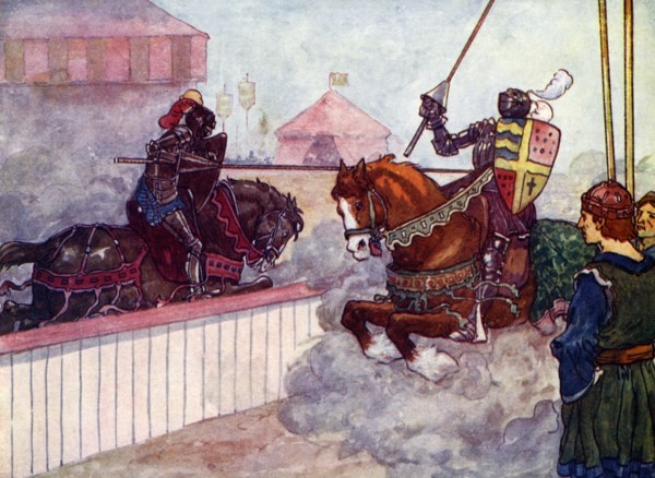 'The Count rode again and again at Edward till his lance was splintered in his hand', c1270, (1905).Artist: A S Forrest