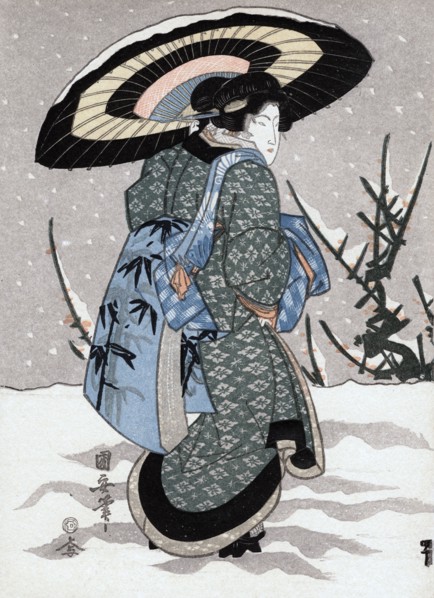 'Girl in Snow Storm', 19th century. Artist: Kuniyasu