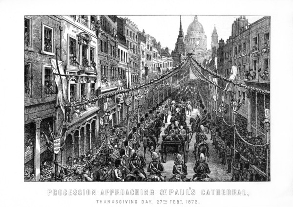 Procession approaching St Paul's Cathedral, Thanksgiving Day, 27 February, 1872, (1899). Artist: Unknown
