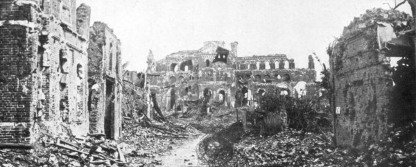 The ruined town and church bell tower of Albert, Somme, France, 22 August 1918. Artist: Unknown