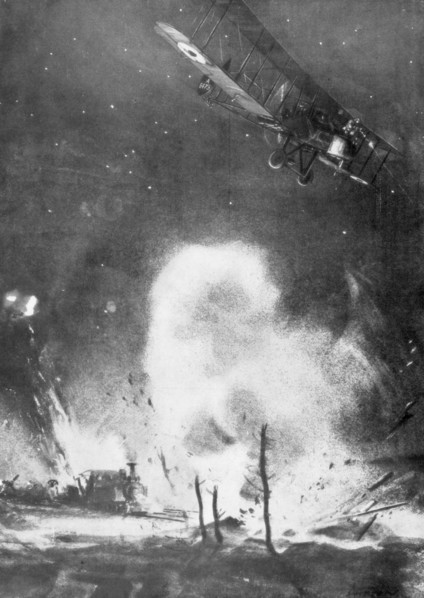 British air bombardment over the German lines, World War I, 1914-1918 (1926). Artist: Joseph Simpson