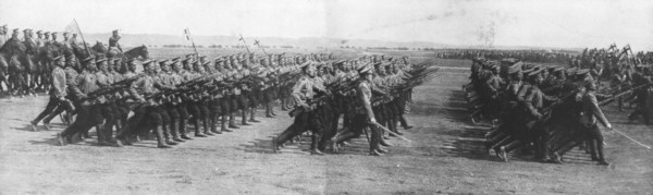 Russian troops parading during French President Raymond Poincare's visit to Russia, 22 July, 1914. Creator: Unknown.
