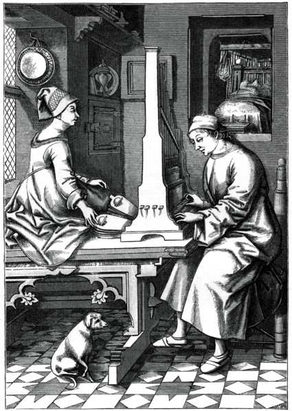 German musician executing a piece of music upon a portable organ, 15th century, (1870).Artist: Israel van Mecken