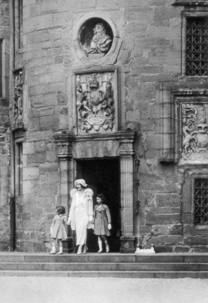 Queen Elizabeth with Princesses Elizabeth and Margaret Rose, Glamis Castle, Scotland, 1937.  Creator: Unknown.