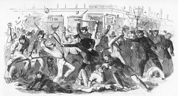 'Police Charge Rioters At The Tribune Office', c1860s. Artist: Unknown