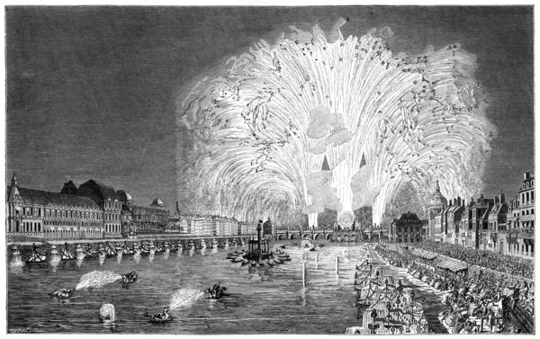 Fireworks On The Bridge, Paris, 1754, (1885). Artist: Unknown