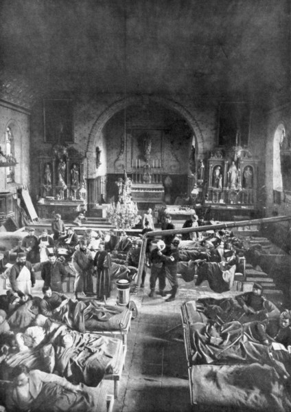 A field station at the front, in the nave of a rural church, World War I, 1915. Artist: Unknown