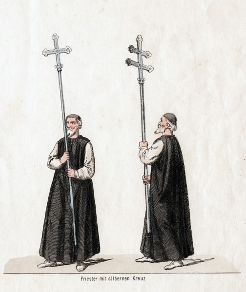 Priest with silver cross, costume design for Shakespeare's play, Henry VIII, 19th century. Artist: Unknown