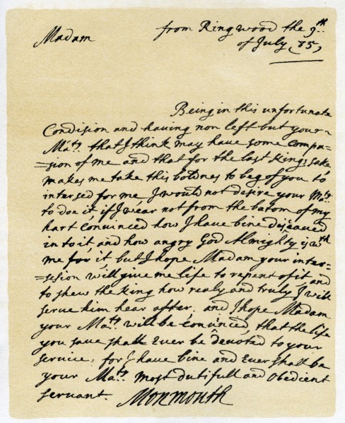 Letter from James, Duke of Monmouth to the Catherine of Braganza, Ringwood, 9th July, 1685.Artist: Duke of Monmouth