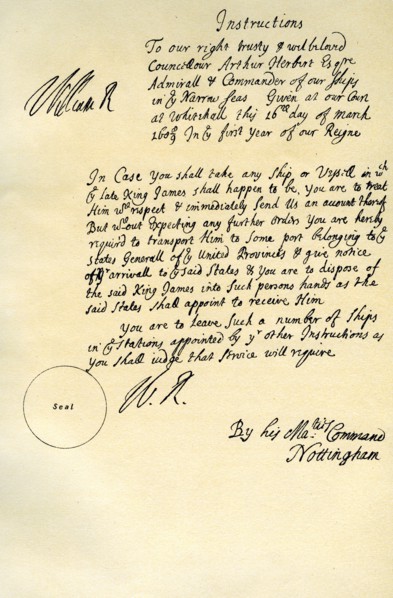 Instructions from William III to Admiral Arthur Herbert, Whitehall, 16th March 1689. Artist: Daniel Finch