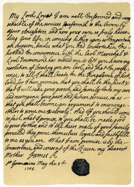 Letter from James Edward Stuart to Simon Fraser, Lord Lovat, St Germains, 3rd May 1703.Artist: James Stuart