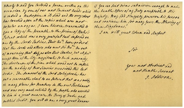 Letter from Joseph Addison to J Robethon, Secretary to George I, 4th September 1714.Artist: Joseph Addison
