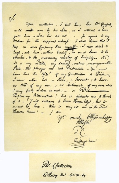 Letter from Thomas Chatterton to William Barrett, 1769.Artist: Thomas Chatterton