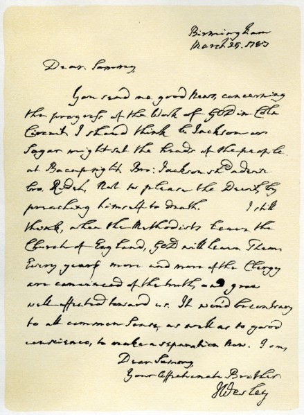 Letter from John Wesley to Samuel Bradburn, 25th March 1783.Artist: John Wesley