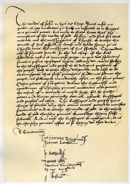 Episcopal Declaration of Archbishop Crammer and seven other English bishops, c1537.Artist: Thomas Cranmer