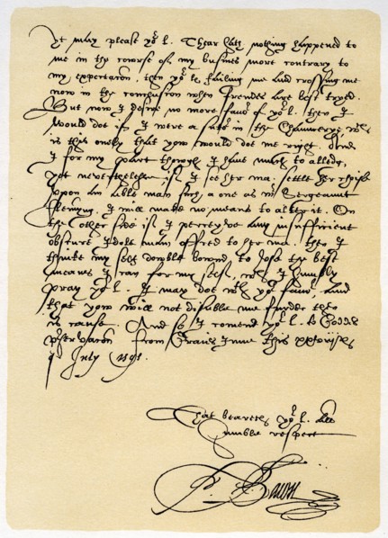 Letter from Francis Bacon to Sir John Puckering, 28th July 1595.Artist: Sir Francis Bacon