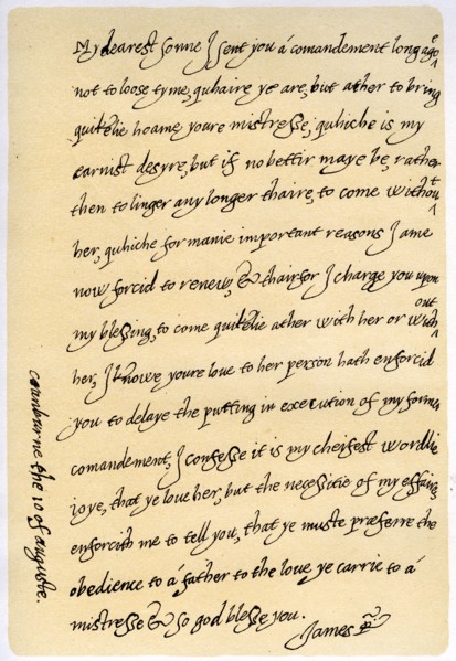 Letter from James I to his son, Charles, Prince of Wales, 10th August 1623.Artist: King James I