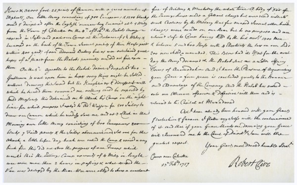 Letter from Robert Clive to Thomas Pelham-Holles, 23rd February 1757.Artist: Robert Clive