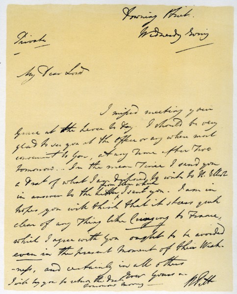 Letter from William Pitt The Younger, October 1790.Artist: William Pitt