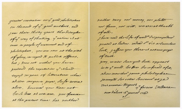 Letter from Francois Marie Arouet de Voltaire to George Keat, 16th January 1760.Artist: Voltaire