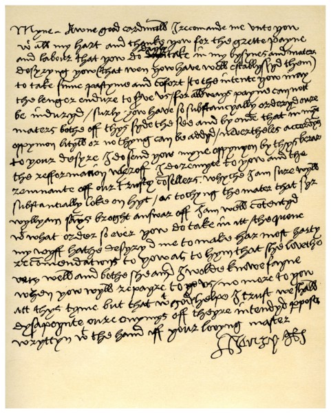 Letter from Henry VIII to Cardinal Wolsey, c1518.Artist: King Henry VIII