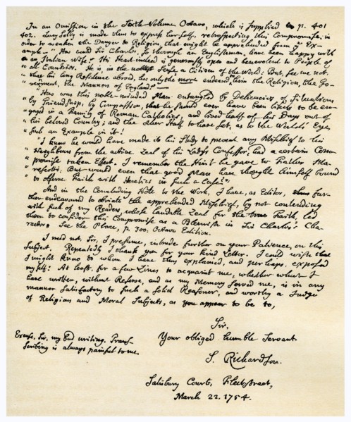 Letter from Samuel Richardson, 22nd March 1754.Artist: Samuel Richardson