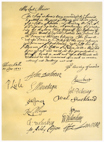 Letter to the Lord Mayor of London, 17th December 1653.Artist: Edward Montagu, 2nd Earl of Manchester