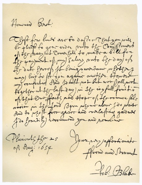 Letter from Admiral Robert Blake to the Commissioners of the Admiralty, 25th August 1654.Artist: Robert Blake