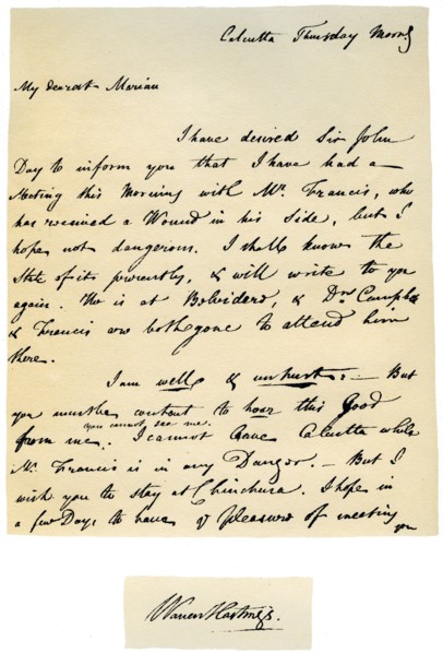 Letter from Warren Hastings, Governor-General of Bengal to his wife, 17th August 1780.Artist: Warren Hastings