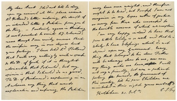 Letter from Charles James Fox to his Aunt Emily, 21st October 1798.Artist: Charles James Fox