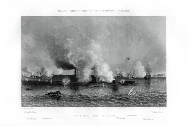 Battle of the 'Monitor' and the 'Merrimack', Hampton Roads, Virginia, 9 March 1862 (1862-1867).Artist: J Davies