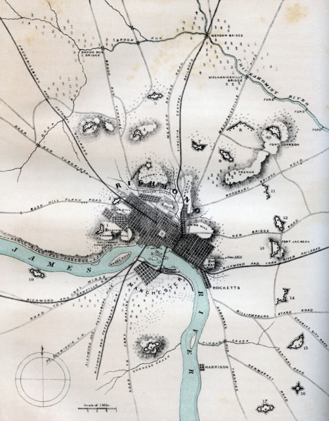 A map of Richmond and its vicinity showing all batteries, 1862-1867.Artist: W Kemble