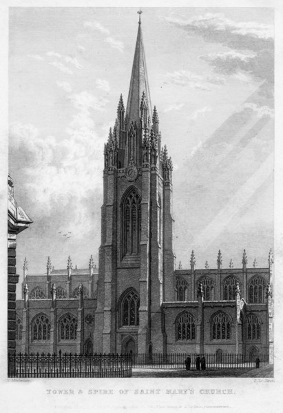 Tower and spire of Saint Mary's Church, Oxford, 1833.Artist: John Le Keux