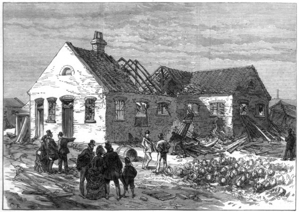 Scene of the explosion at the Cartridge factory, Greenwich Marshes, 1872. Artist: Unknown