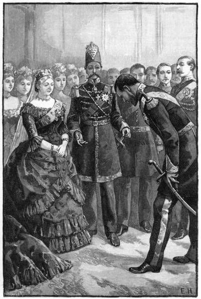 The Shah of Persia presenting his suit to Queen Victoria at Windsor, mid-late 19th century. Creator: Unknown.