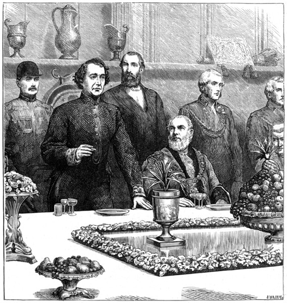Lord Beaconsfield at a banquet in the Guildhall, late 19th century, (1900). Artist: Swain