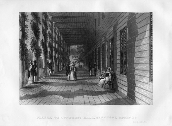 'Piazza of Congress Hall, Saratoga Springs', New York State, 1855. Artist: Unknown