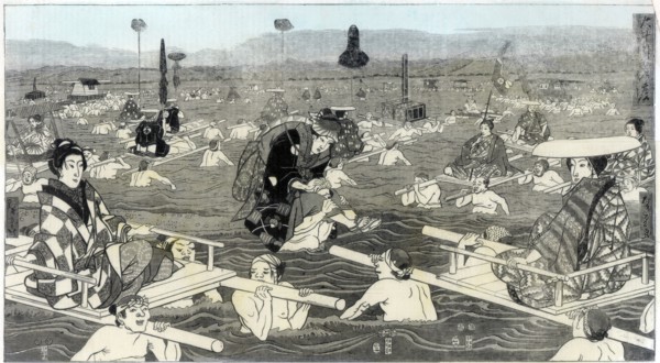 Crossing the Oho-e-ga-wa, in the province of Suraga, 1856. Artist: Unknown