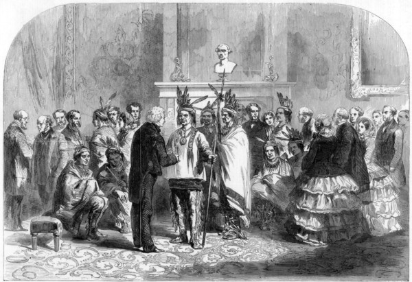 'The president of the United States inducing the hostile tribes to shake hands', 1858. Artist: Unknown