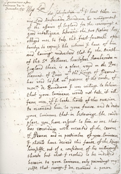 A letter by Oliver Cromwell to Cardinal Mazarin, 4 December 1657, (1899). Artist: Unknown