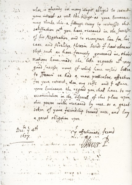 A letter by Oliver Cromwell to Cardinal Mazarin, 4 December 1657, (1899). Artist: Unknown