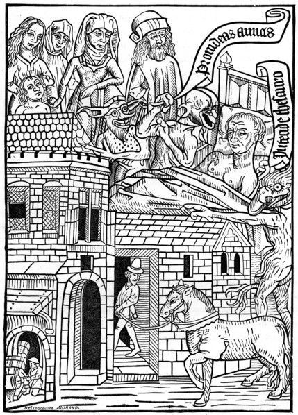 A sinner on his death bed, 15th century, (1870). Artist: Unknown