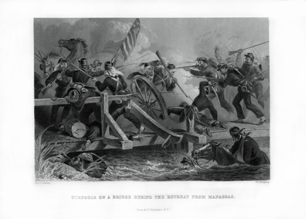 Struggle on a bridge during the retreat from Manassas, Virginia, (1862-1867).Artist: Felix Octavius Carr Darley