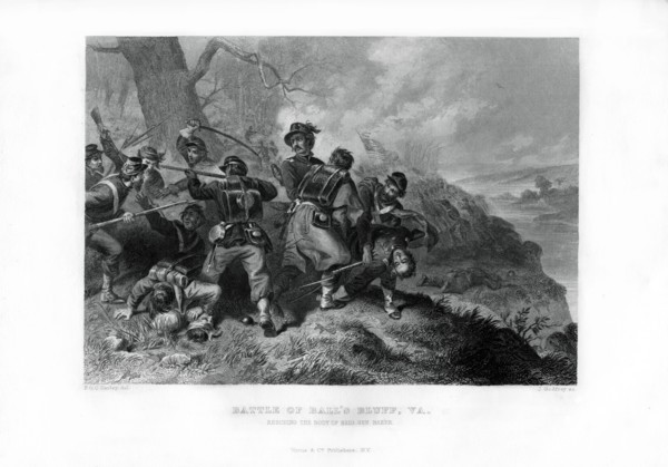 Rescue of the body of Colonel Edward Baker, Battle of Ball's Bluff, Virginia, 1862-1867.Artist: J Godfrey