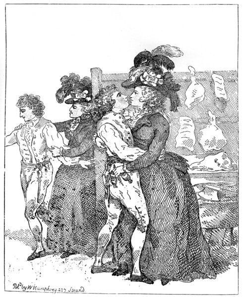'The Two Patriotic Duchesses on their canvass requesting the favour of an early poll,' 1784.Artist: Thomas Rowlandson