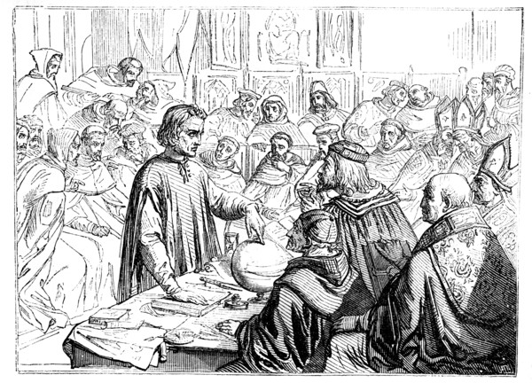 Christopher Columbus before the Council at Salamanca, Spain, 1487. Artist: Unknown
